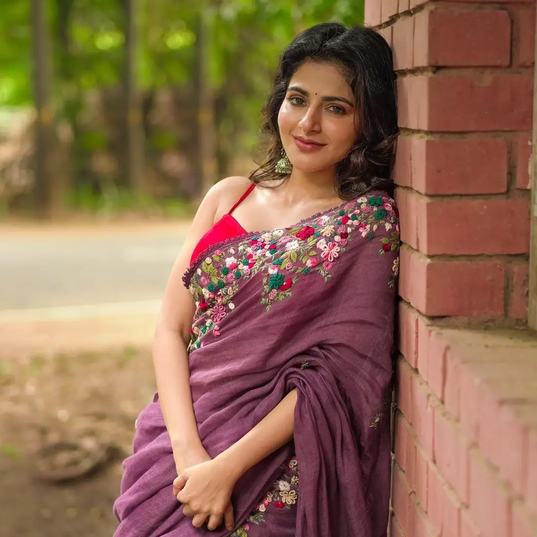 INDIAN GIRL ISWARYA MENON IN TRADITIONAL VIOLET SAREE SLEEVELESS RED BLOUSE 3